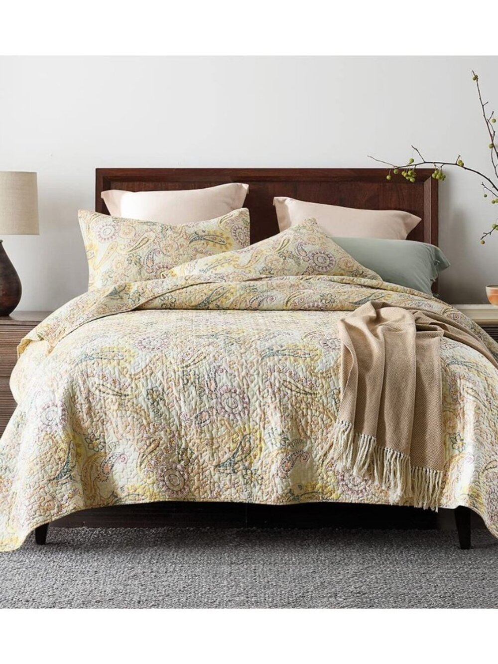 Paisley Quilt Queen Size, Breathable Cotton Bedspread with 2 Shams, Lightweight